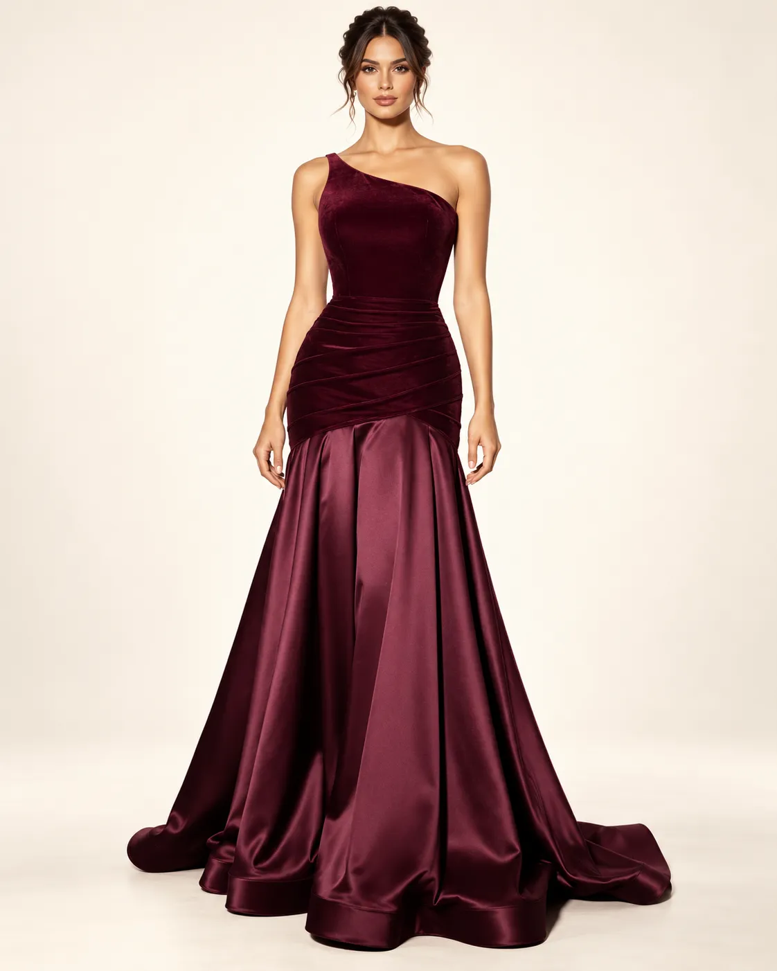 Burgundy One-Shoulder Ruched Satin Gown
