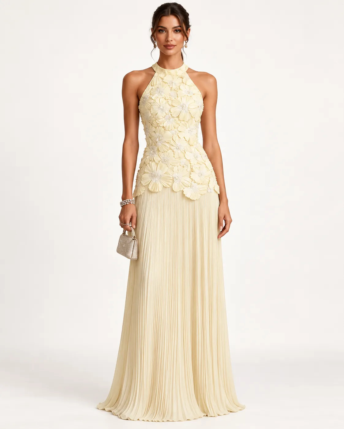 Ivory Floral Appliqué Halter Maxi Dress