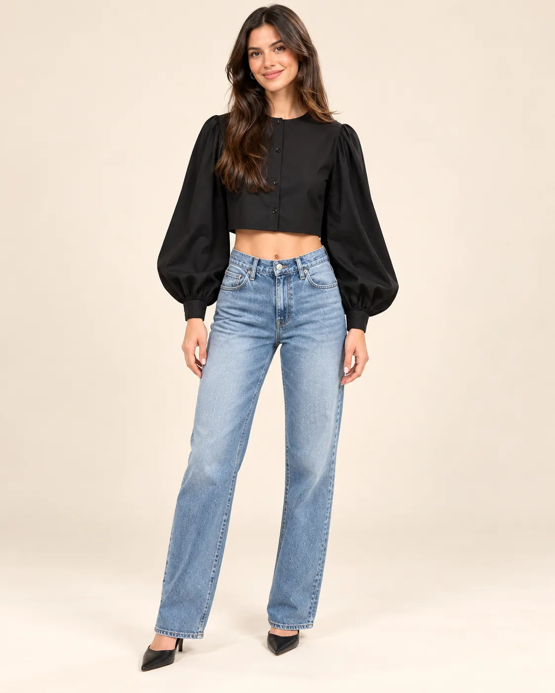 Black Button-Front Balloon-Sleeve Crop Top