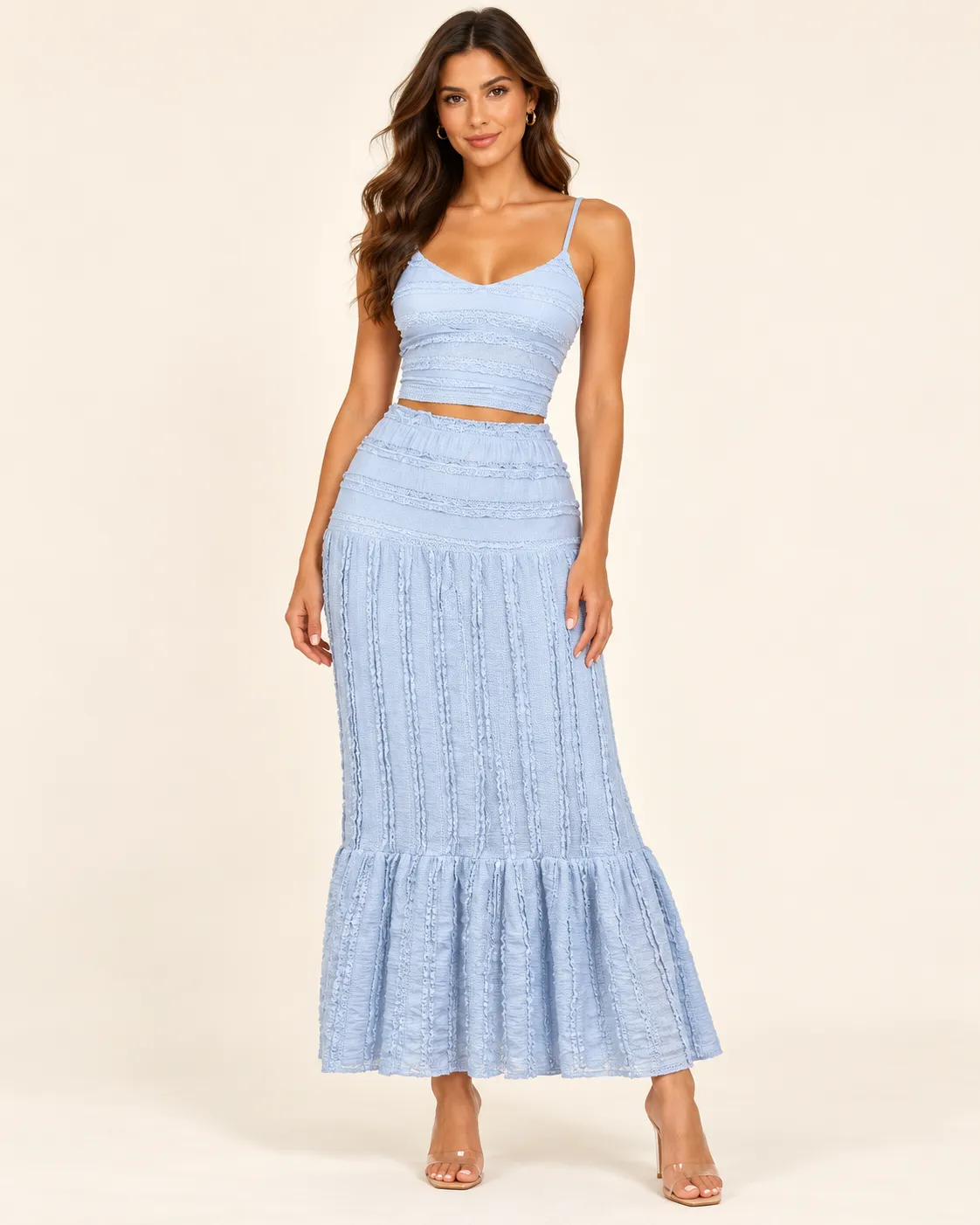 Powder Blue Lace Crop Top and Maxi Skirt Co-ord Set