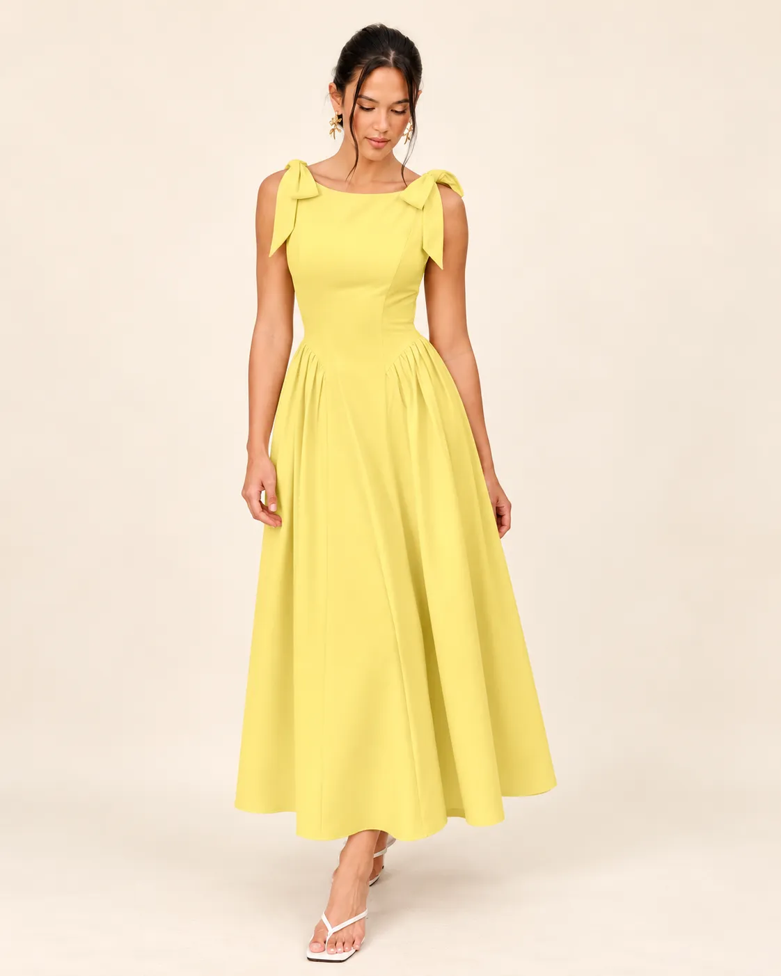 Butter Yellow Bow-Shoulder Fit-and-Flare Midi Dress
