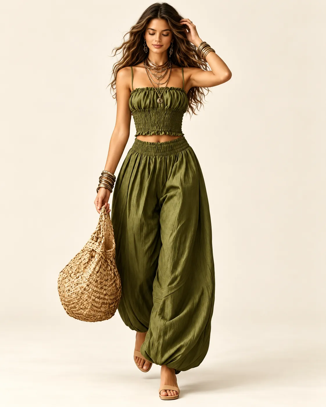 Olive Green Smocked Crop Top and Harem Pants Co-ord Set