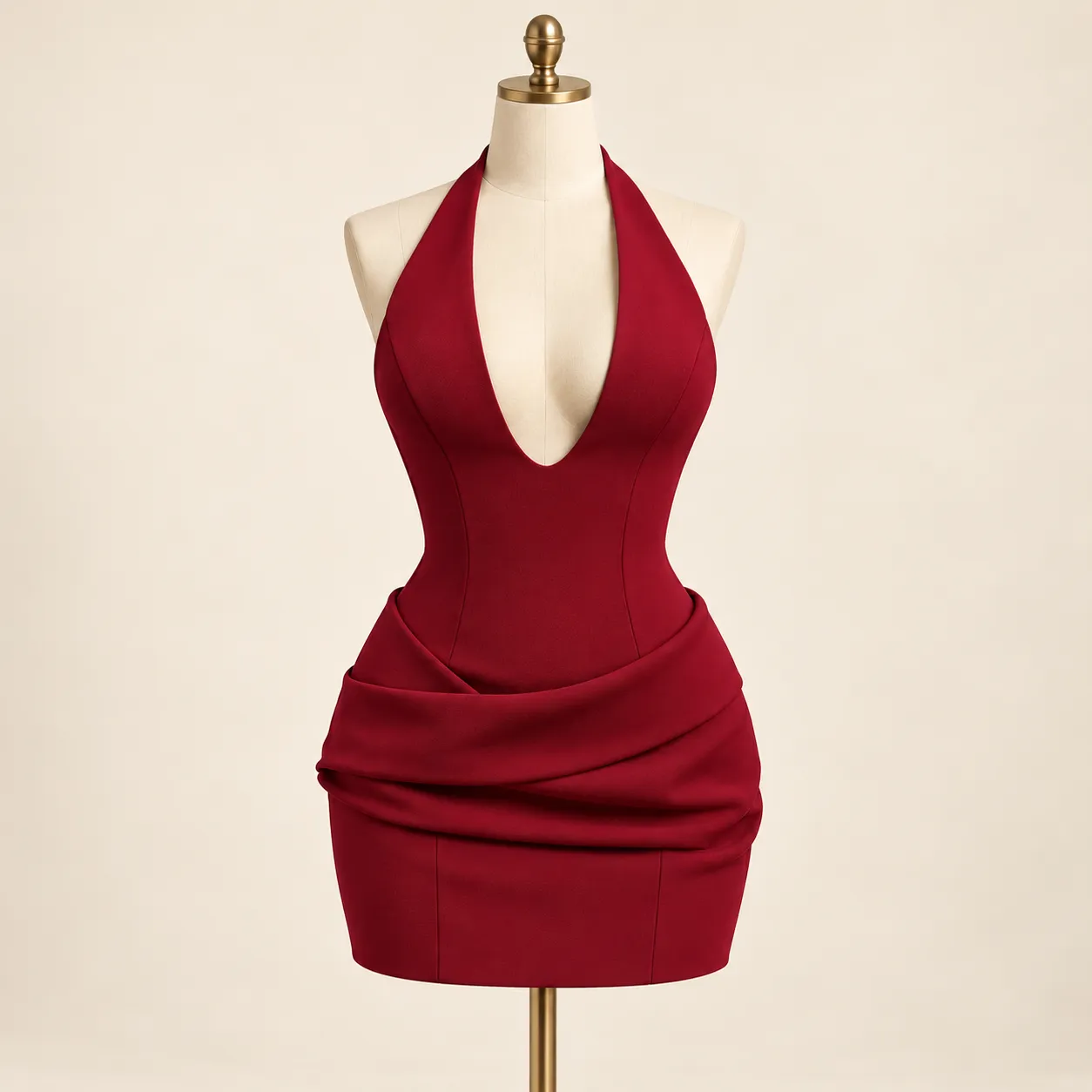 Burgundy Deep-Neck Halter Bodycon Mini Dress