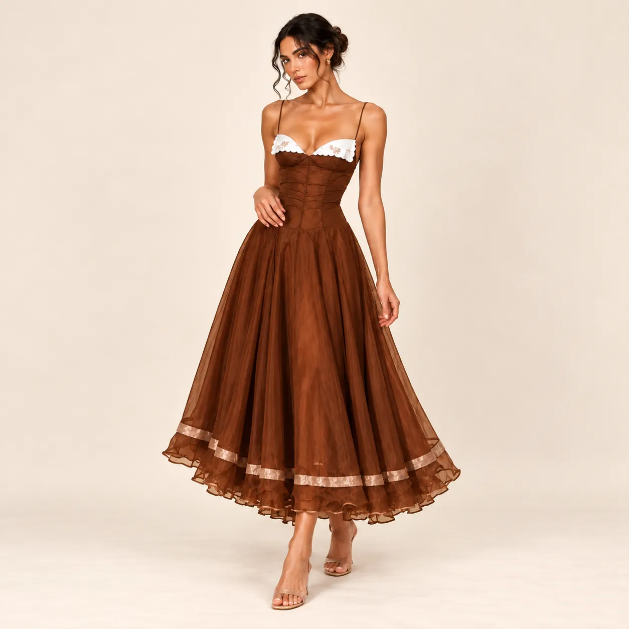 Chocolate Brown Corset Midi Dress with Contrast Frill Detail
