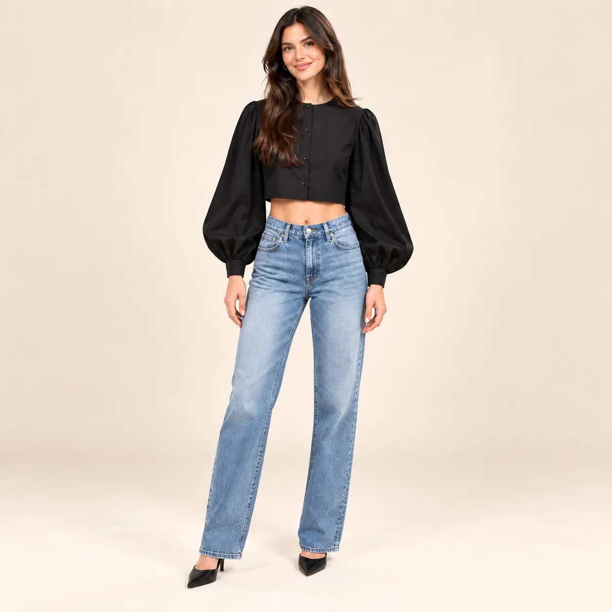 Black Button-Front Balloon-Sleeve Crop Top