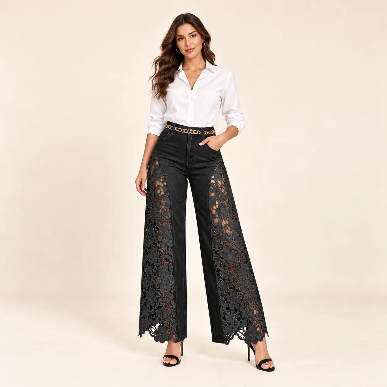 Black High-Waist Lace-Panel Wide-Leg Jeans