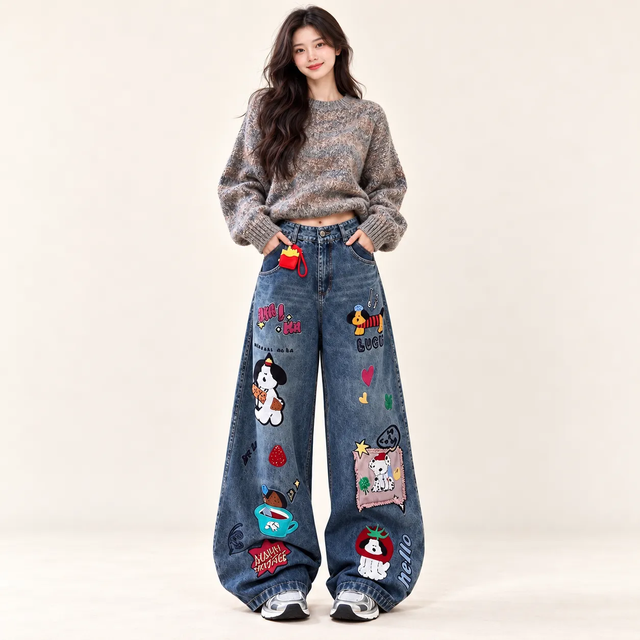 Blue Cartoon Patchwork High-Waist Baggy Jeans