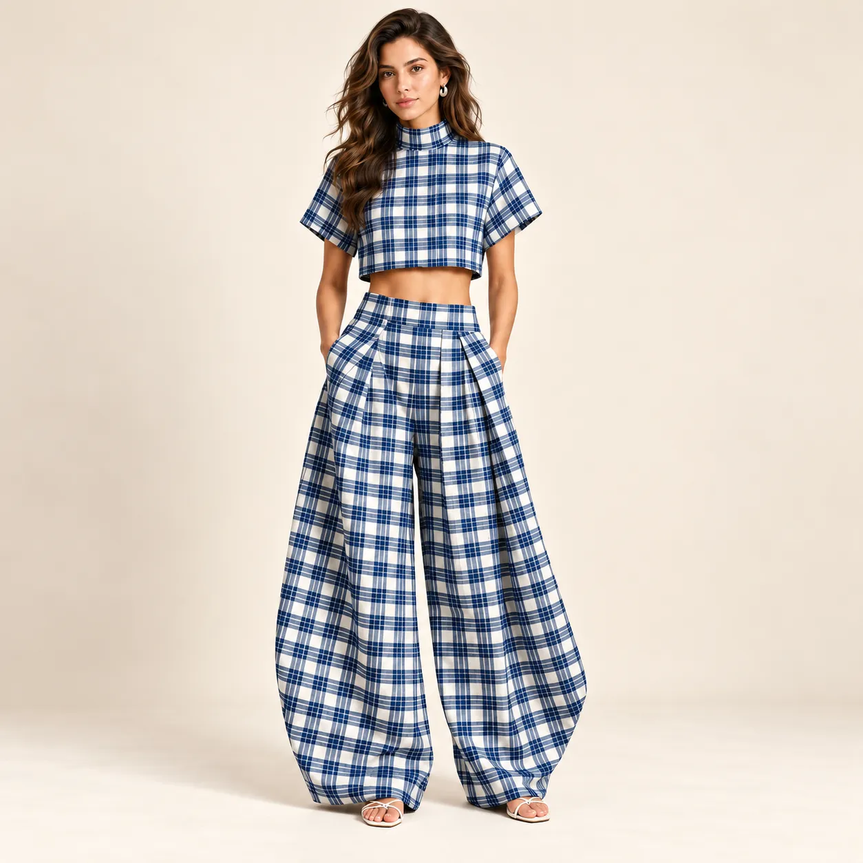 Blue Checkered Crop Top and Wide-Leg Trouser Co-ord Set