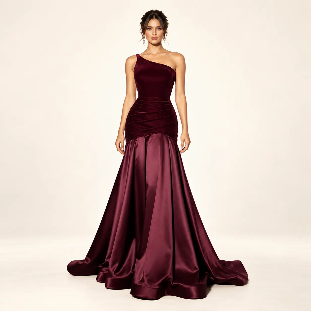 Burgundy One-Shoulder Ruched Satin Gown