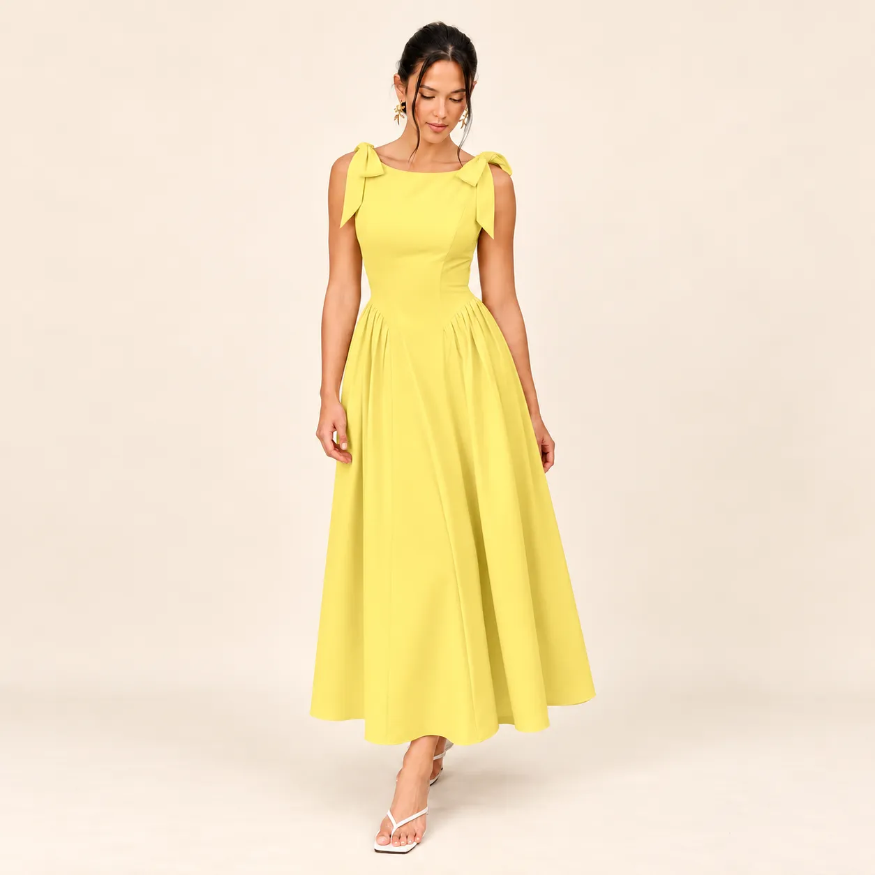 Butter Yellow Bow-Shoulder Fit-and-Flare Midi Dress