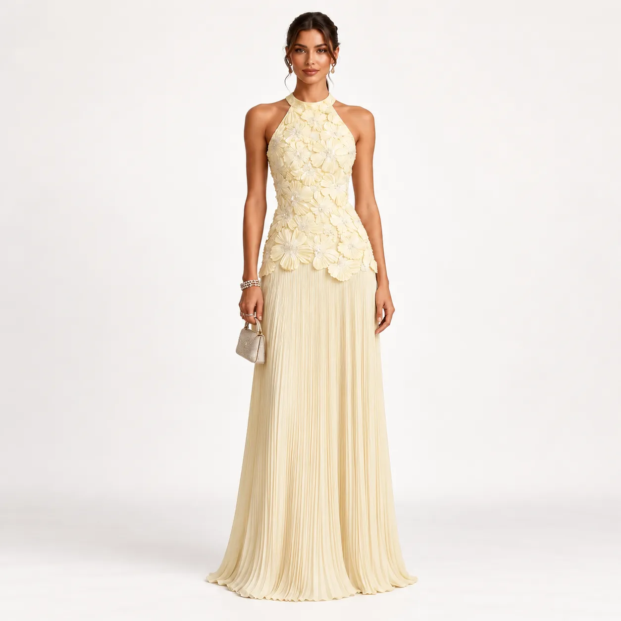 Ivory Floral Appliqué Halter Maxi Dress
