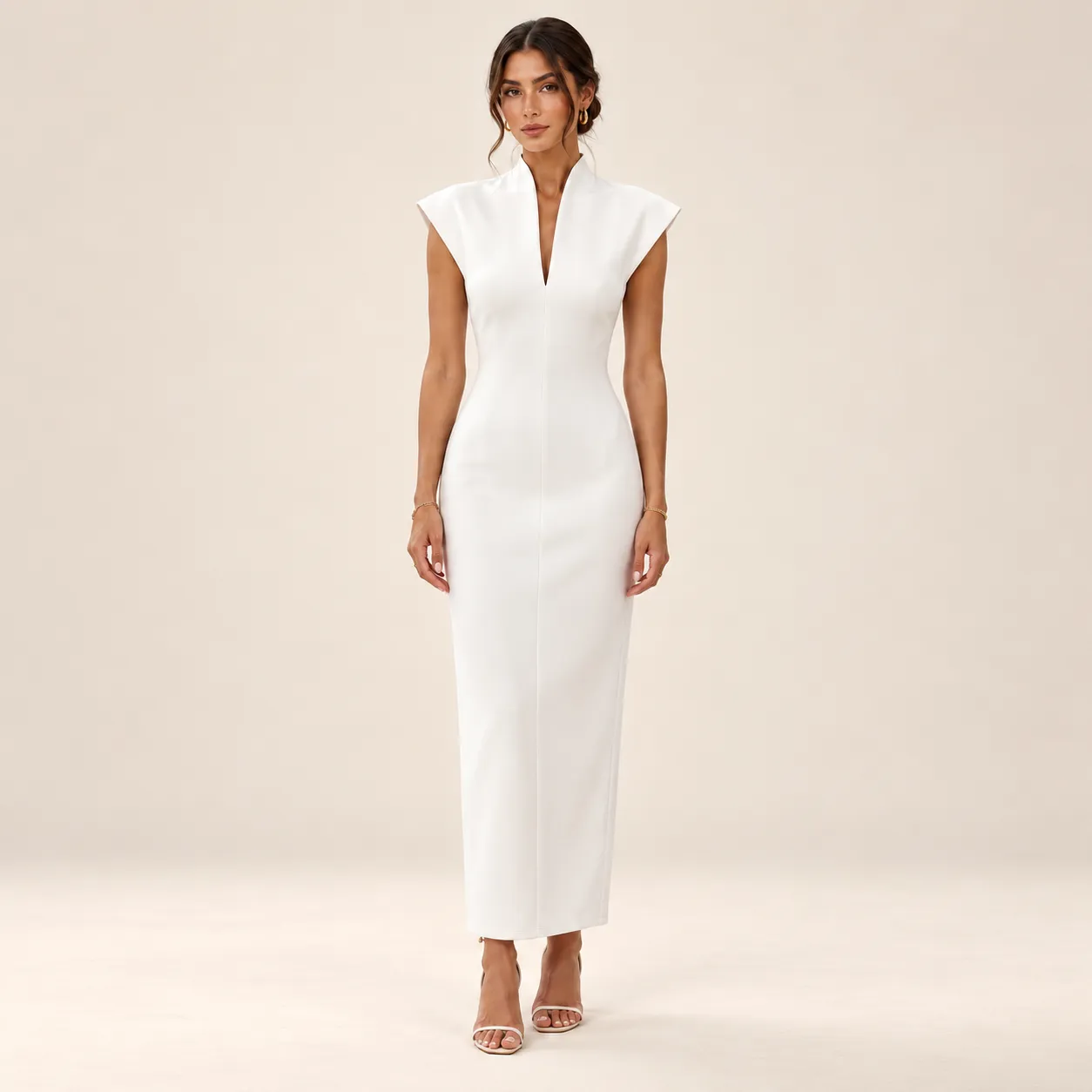 Ivory Structured V-Neck Column Maxi Dress