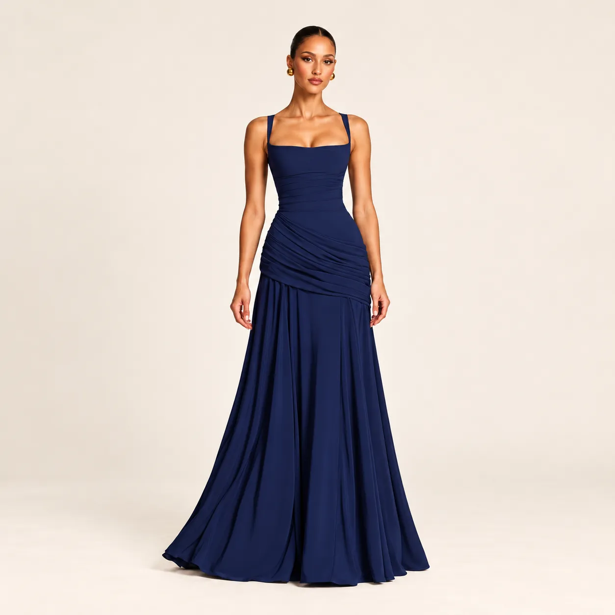 Navy Blue Square-Neck Ruched Maxi Dress