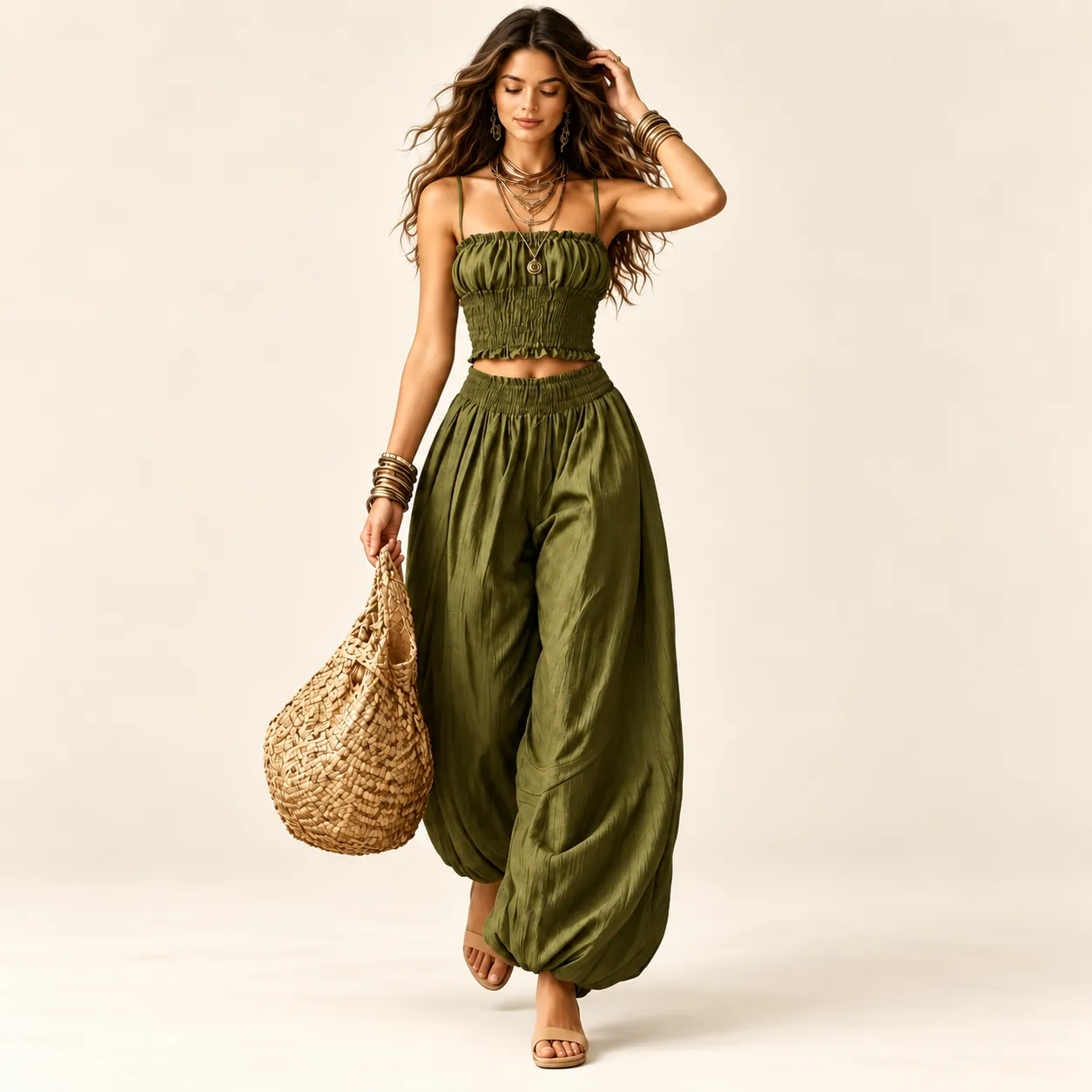 Olive Green Smocked Crop Top and Harem Pants Co-ord Set